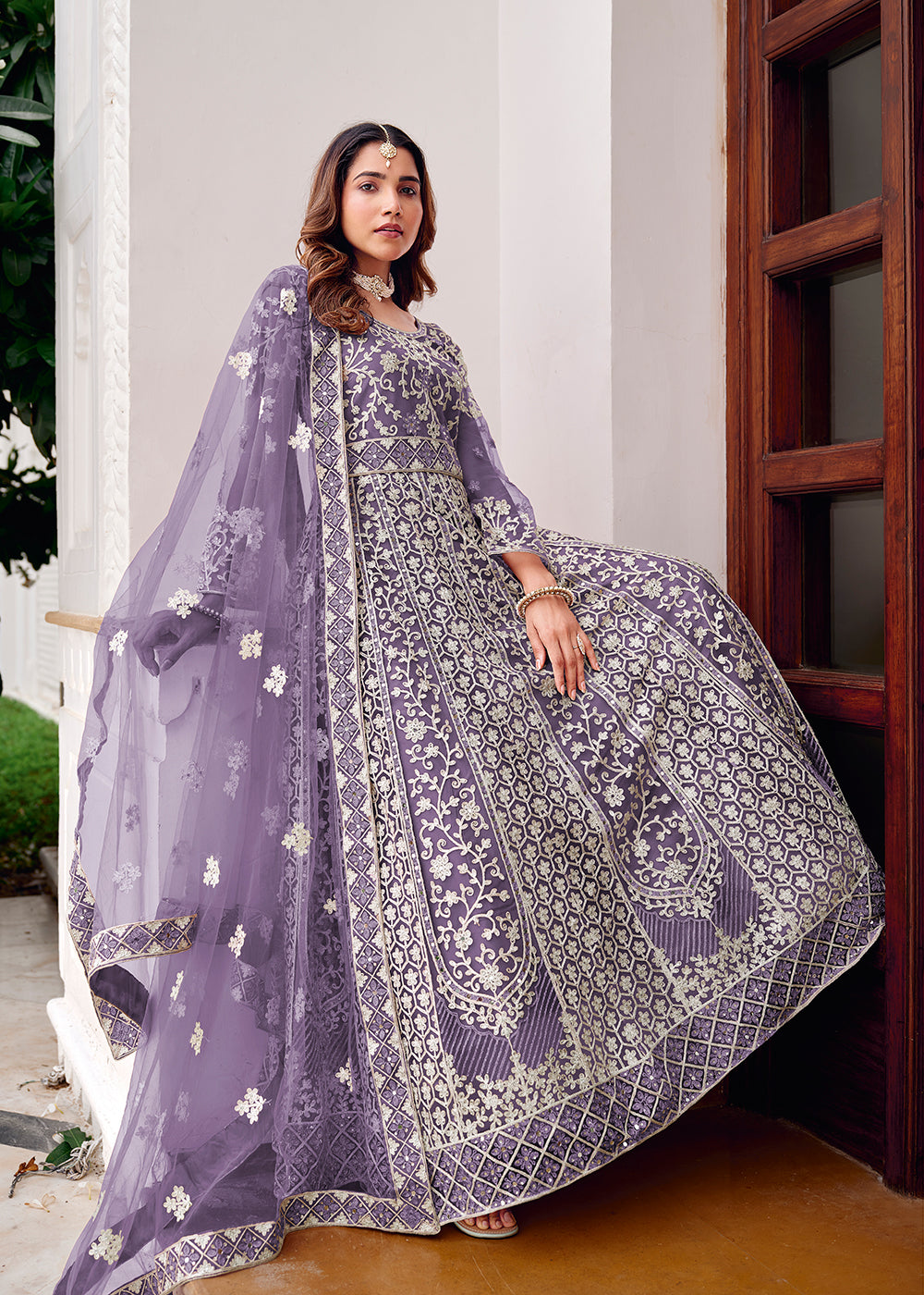 Buy Now Purple Stone & Mirror Work Wedding Anarkali Suit Online in US, UK, Germany, France, Italy, Canada, Australia, UAE, Singapore & Worldwide at Empress.