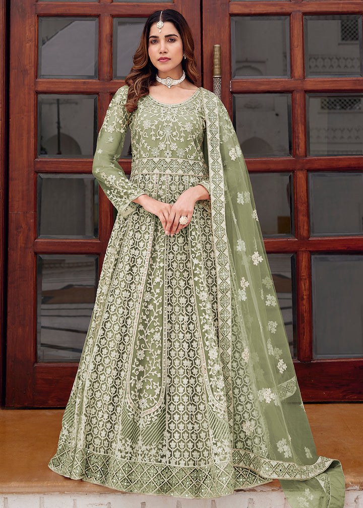 Buy Now Green Stone & Mirror Work Wedding Anarkali Suit Online in US, UK, Germany, France, Italy, Canada, Australia, UAE, Singapore & Worldwide at Empress.