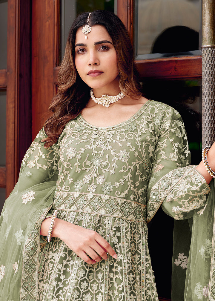 Buy Now Green Stone & Mirror Work Wedding Anarkali Suit Online in US, UK, Germany, France, Italy, Canada, Australia, UAE, Singapore & Worldwide at Empress.
