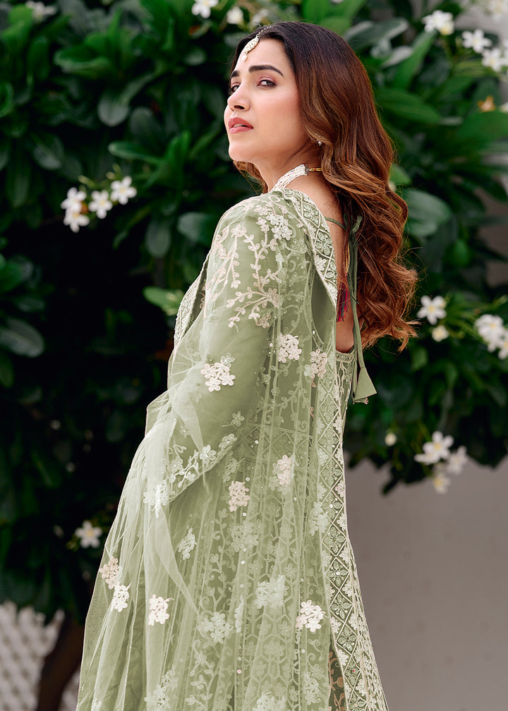 Buy Now Green Stone & Mirror Work Wedding Anarkali Suit Online in US, UK, Germany, France, Italy, Canada, Australia, UAE, Singapore & Worldwide at Empress.