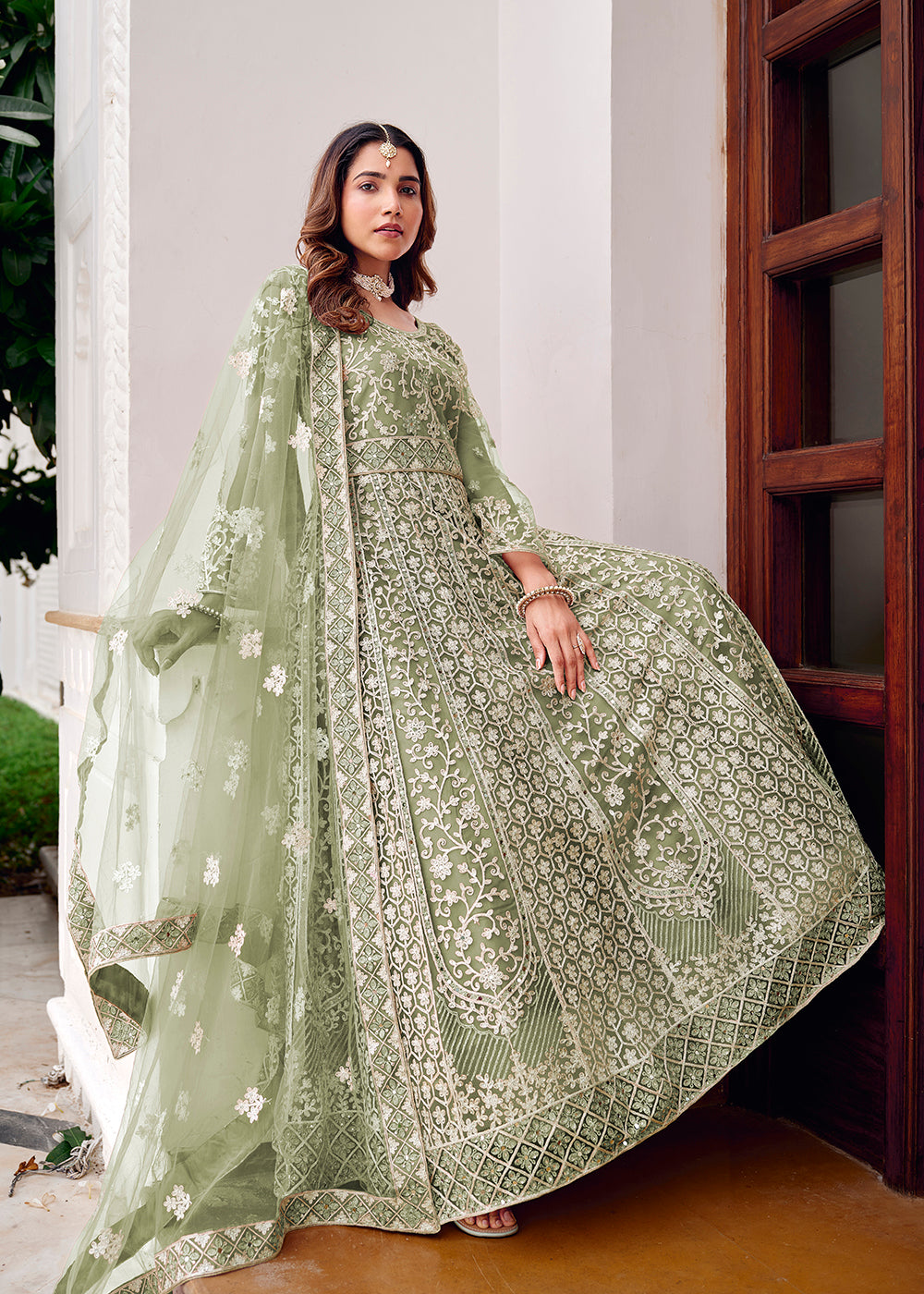 Buy Now Green Stone & Mirror Work Wedding Anarkali Suit Online in US, UK, Germany, France, Italy, Canada, Australia, UAE, Singapore & Worldwide at Empress.