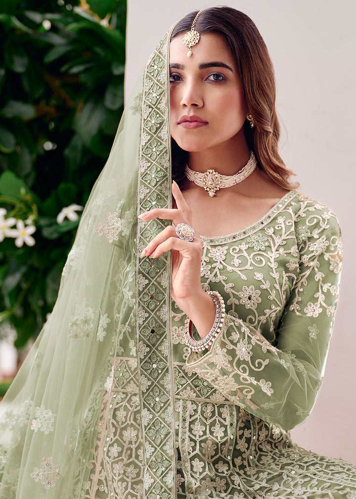 Buy Now Green Stone & Mirror Work Wedding Anarkali Suit Online in US, UK, Germany, France, Italy, Canada, Australia, UAE, Singapore & Worldwide at Empress.