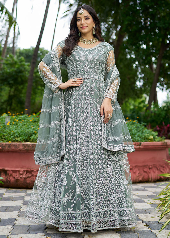 Buy Now Beautiful Green Front & Back Work Wedding Anarkali Suit Online in USA, UK, Sweden, Denmark, Greece, Germany, Canada, Austria & Worldwide at Empress.