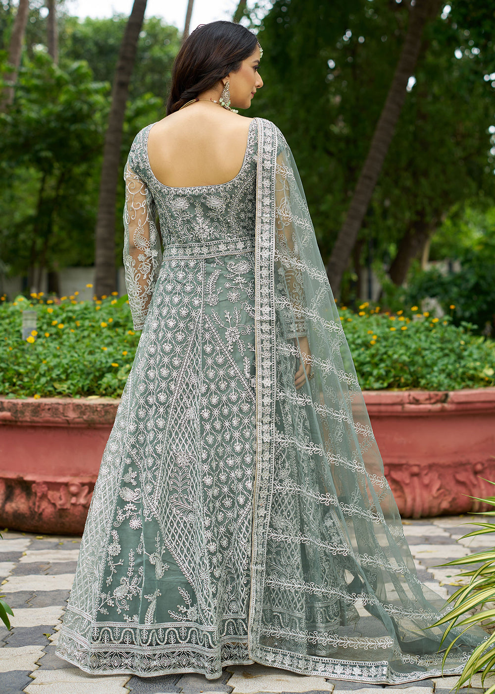 Buy Now Beautiful Green Front & Back Work Wedding Anarkali Suit Online in USA, UK, Sweden, Denmark, Greece, Germany, Canada, Austria & Worldwide at Empress.