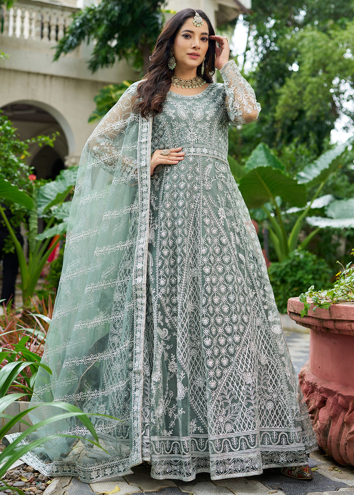Buy Now Beautiful Green Front & Back Work Wedding Anarkali Suit Online in USA, UK, Sweden, Denmark, Greece, Germany, Canada, Austria & Worldwide at Empress.