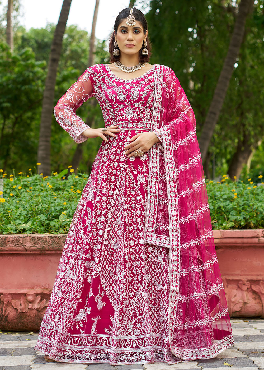 Buy Now Beautiful Pink Front & Back Work Wedding Anarkali Suit Online in USA, UK, Sweden, Denmark, Greece, Germany, Canada, Austria, UAE & Worldwide at Empress.