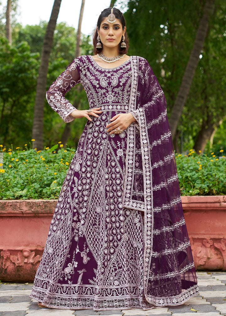 Buy Now Beautiful Plum Front & Back Work Wedding Anarkali Suit Online in USA, UK, Sweden, Denmark, Greece, Germany, Canada, Austria, UAE & Worldwide at Empress.