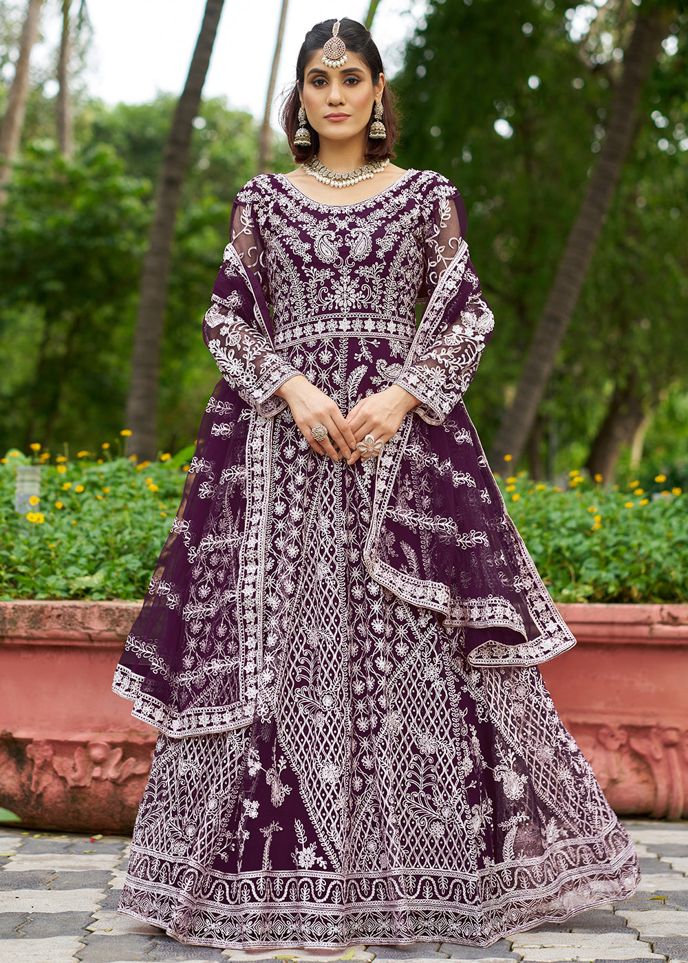 Buy Now Beautiful Plum Front & Back Work Wedding Anarkali Suit Online in USA, UK, Sweden, Denmark, Greece, Germany, Canada, Austria, UAE & Worldwide at Empress.
