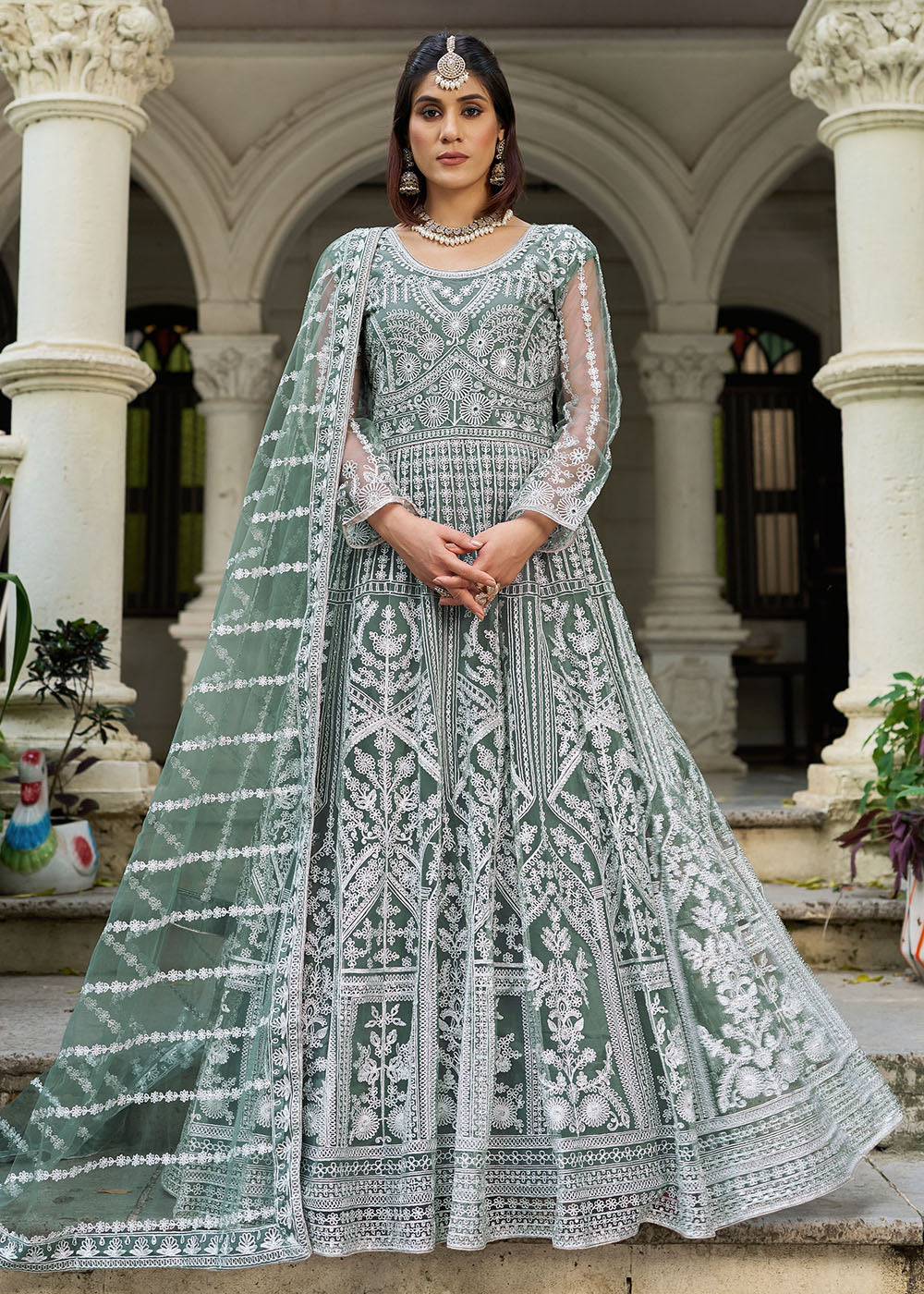 Buy Moss Green Front & Back Diamond Work Wedding Anarkali Suit Online in USA, UK, Sweden, Denmark, Greece, Germany, Canada, Austria, UAE & Worldwide at Empress.