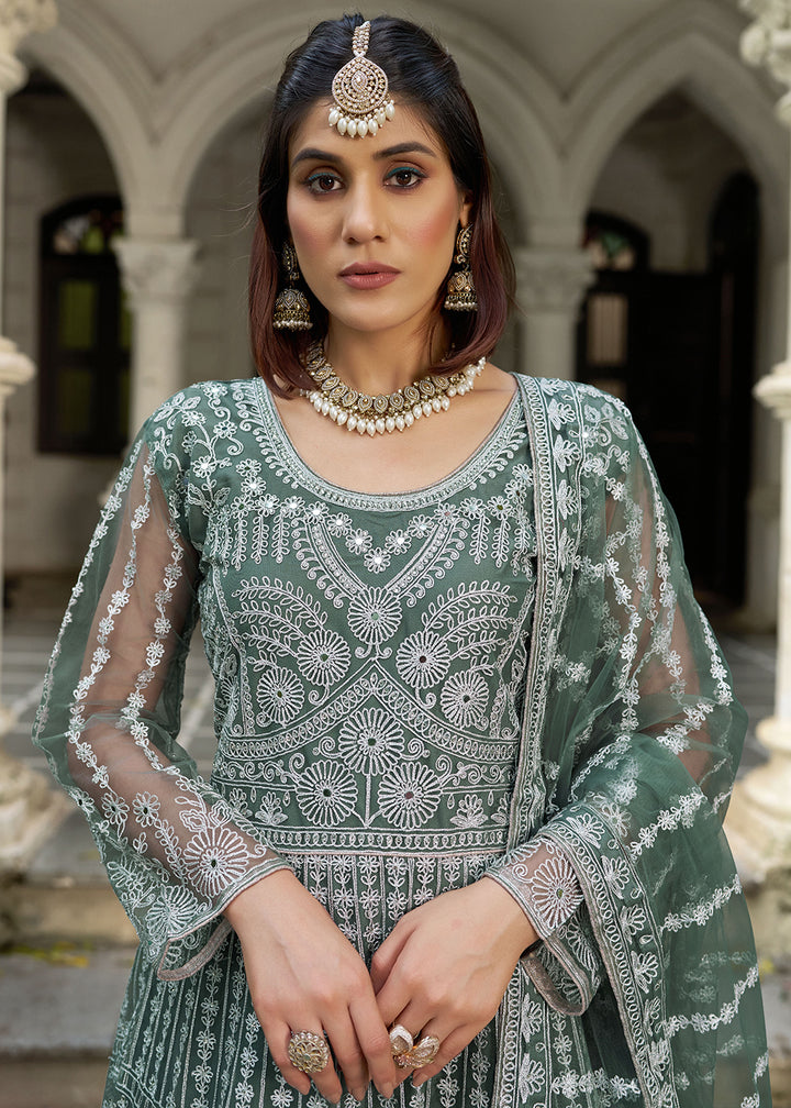 Buy Moss Green Front & Back Diamond Work Wedding Anarkali Suit Online in USA, UK, Sweden, Denmark, Greece, Germany, Canada, Austria, UAE & Worldwide at Empress.