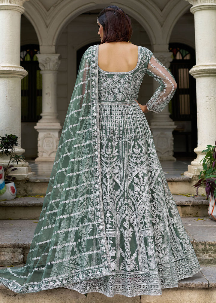 Buy Moss Green Front & Back Diamond Work Wedding Anarkali Suit Online in USA, UK, Sweden, Denmark, Greece, Germany, Canada, Austria, UAE & Worldwide at Empress.