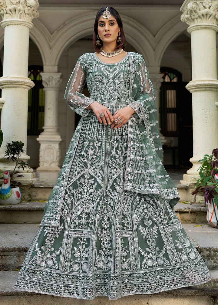 Buy Moss Green Front & Back Diamond Work Wedding Anarkali Suit Online in USA, UK, Sweden, Denmark, Greece, Germany, Canada, Austria, UAE & Worldwide at Empress.
