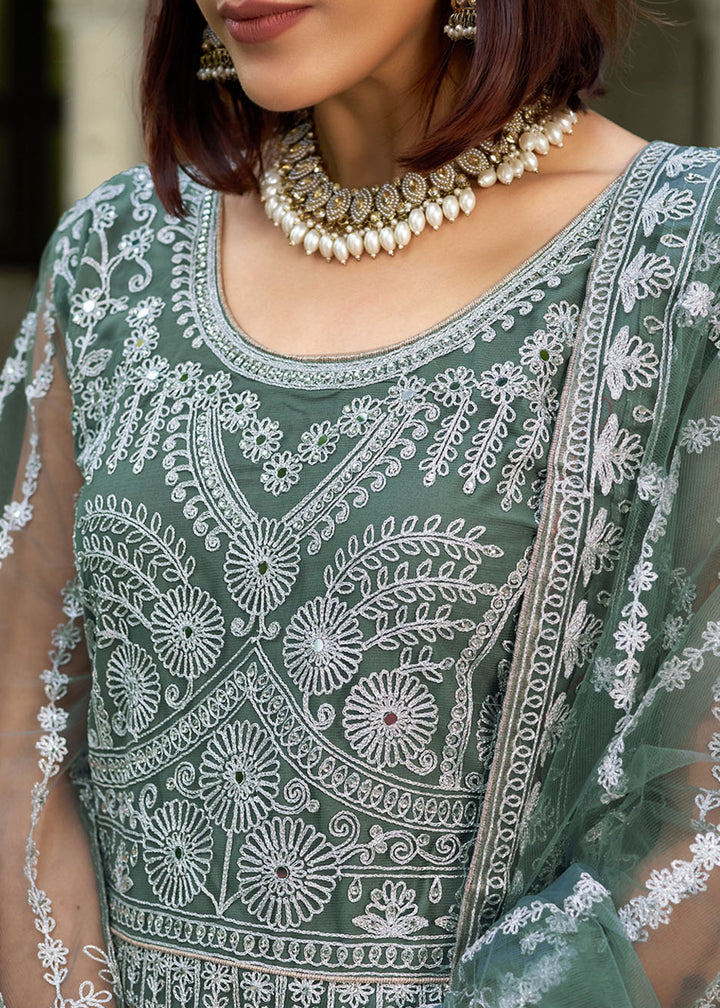 Buy Moss Green Front & Back Diamond Work Wedding Anarkali Suit Online in USA, UK, Sweden, Denmark, Greece, Germany, Canada, Austria, UAE & Worldwide at Empress.