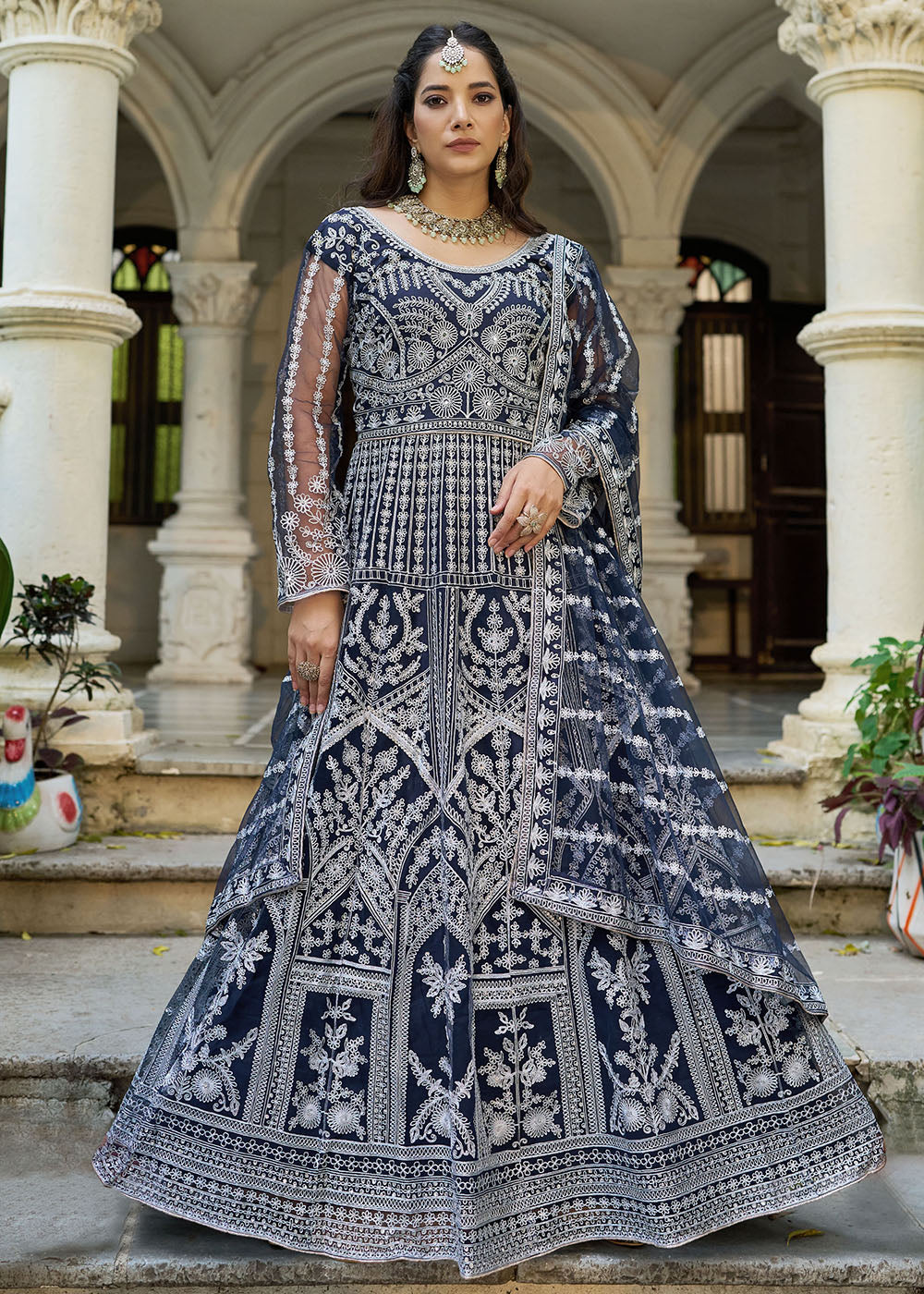 Buy Navy Blue Front & Back Diamond Work Wedding Anarkali Suit Online in USA, UK, Sweden, Denmark, Greece, Germany, Canada, Austria, UAE & Worldwide at Empress.