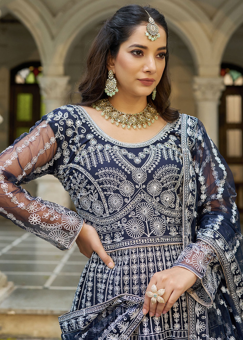 Buy Navy Blue Front & Back Diamond Work Wedding Anarkali Suit Online in USA, UK, Sweden, Denmark, Greece, Germany, Canada, Austria, UAE & Worldwide at Empress.