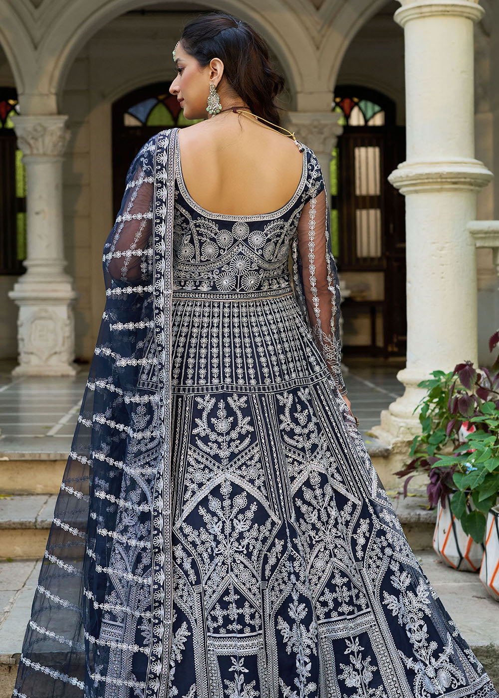 Buy Navy Blue Front & Back Diamond Work Wedding Anarkali Suit Online in USA, UK, Sweden, Denmark, Greece, Germany, Canada, Austria, UAE & Worldwide at Empress.