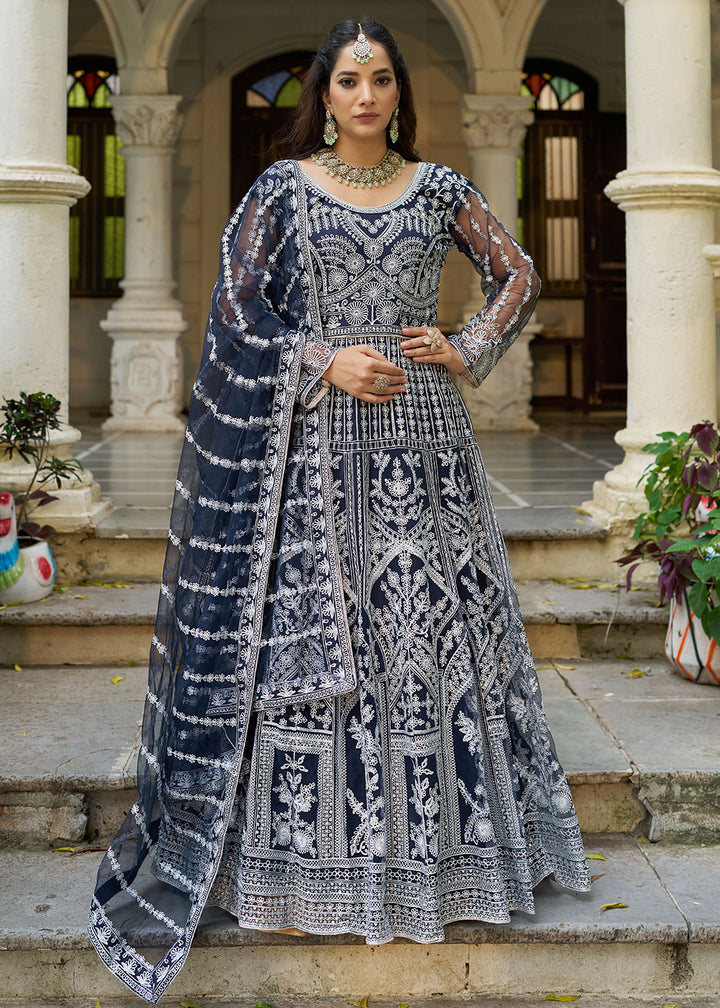 Buy Navy Blue Front & Back Diamond Work Wedding Anarkali Suit Online in USA, UK, Sweden, Denmark, Greece, Germany, Canada, Austria, UAE & Worldwide at Empress.