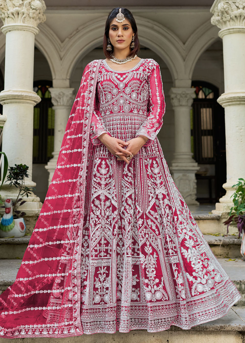 Buy Hot Pink Front & Back Diamond Work Wedding Anarkali Suit Online in USA, UK, Sweden, Denmark, Greece, Germany, Canada, Austria, UAE & Worldwide at Empress.
