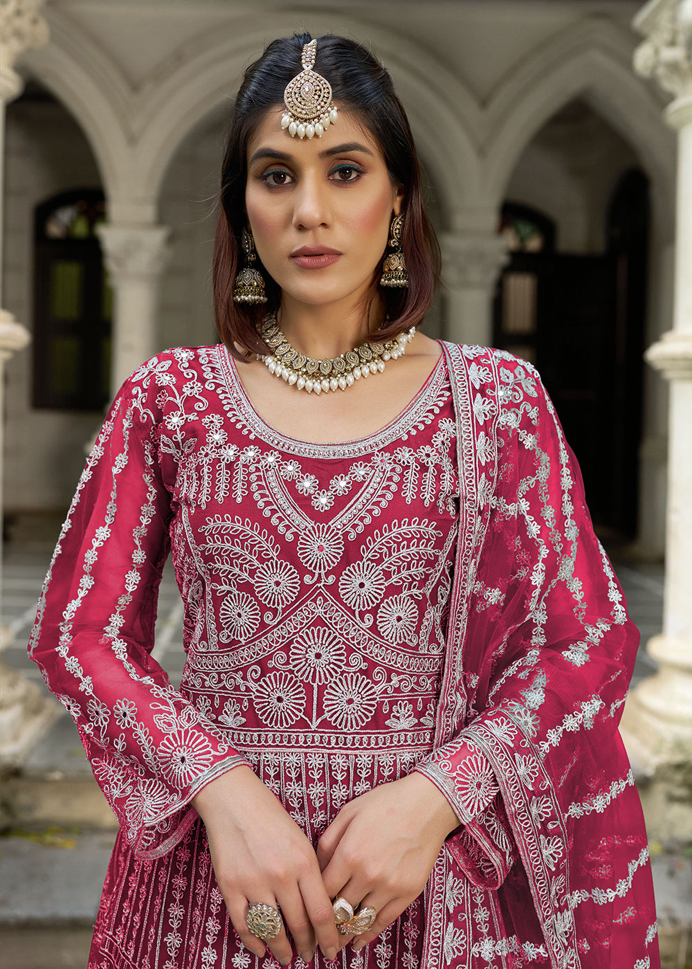 Buy Hot Pink Front & Back Diamond Work Wedding Anarkali Suit Online in USA, UK, Sweden, Denmark, Greece, Germany, Canada, Austria, UAE & Worldwide at Empress.