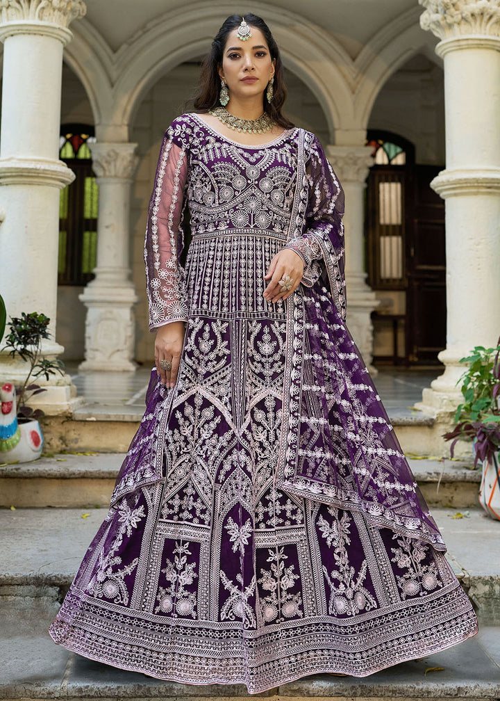 Buy Plum Purple Front & Back Diamond Work Wedding Anarkali Suit Online in USA, UK, Sweden, Denmark, Greece, Germany, Canada, Austria, UAE & Worldwide at Empress.