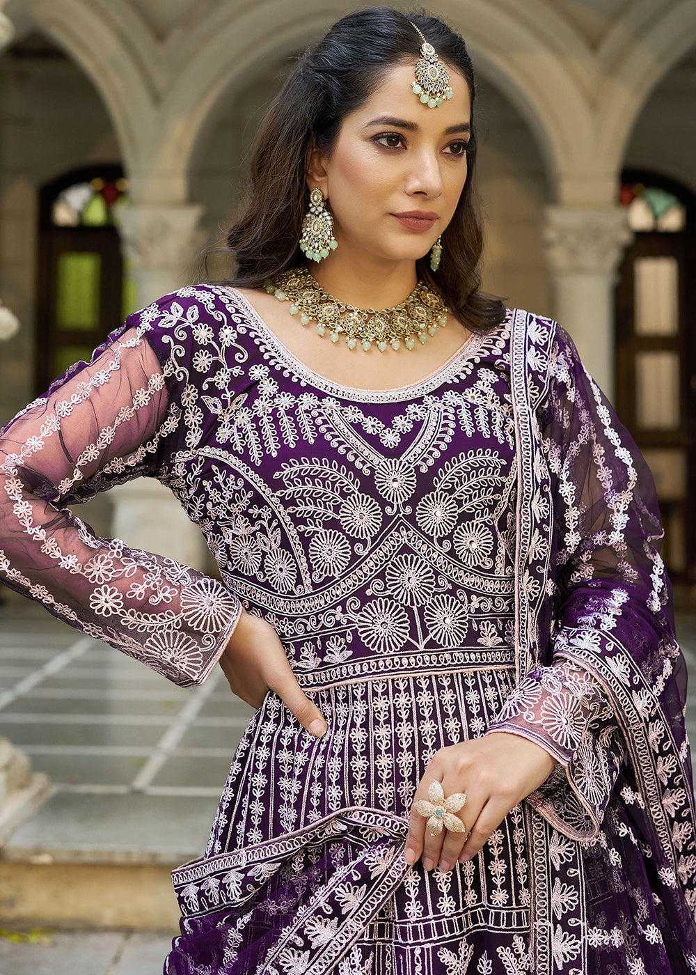 Buy Plum Purple Front & Back Diamond Work Wedding Anarkali Suit Online in USA, UK, Sweden, Denmark, Greece, Germany, Canada, Austria, UAE & Worldwide at Empress.