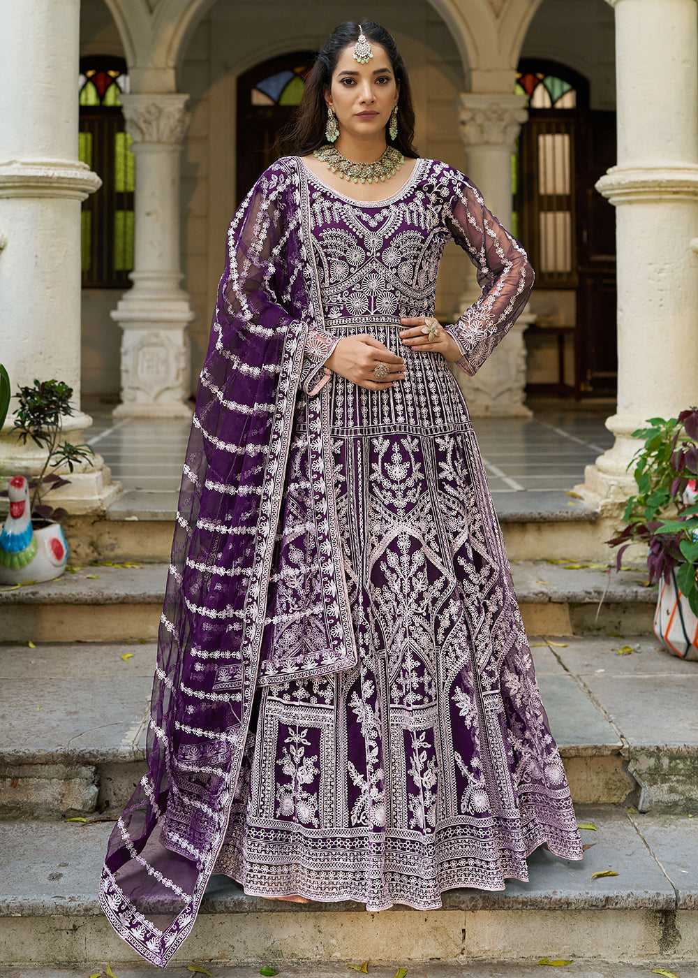Buy Plum Purple Front & Back Diamond Work Wedding Anarkali Suit Online in USA, UK, Sweden, Denmark, Greece, Germany, Canada, Austria, UAE & Worldwide at Empress.