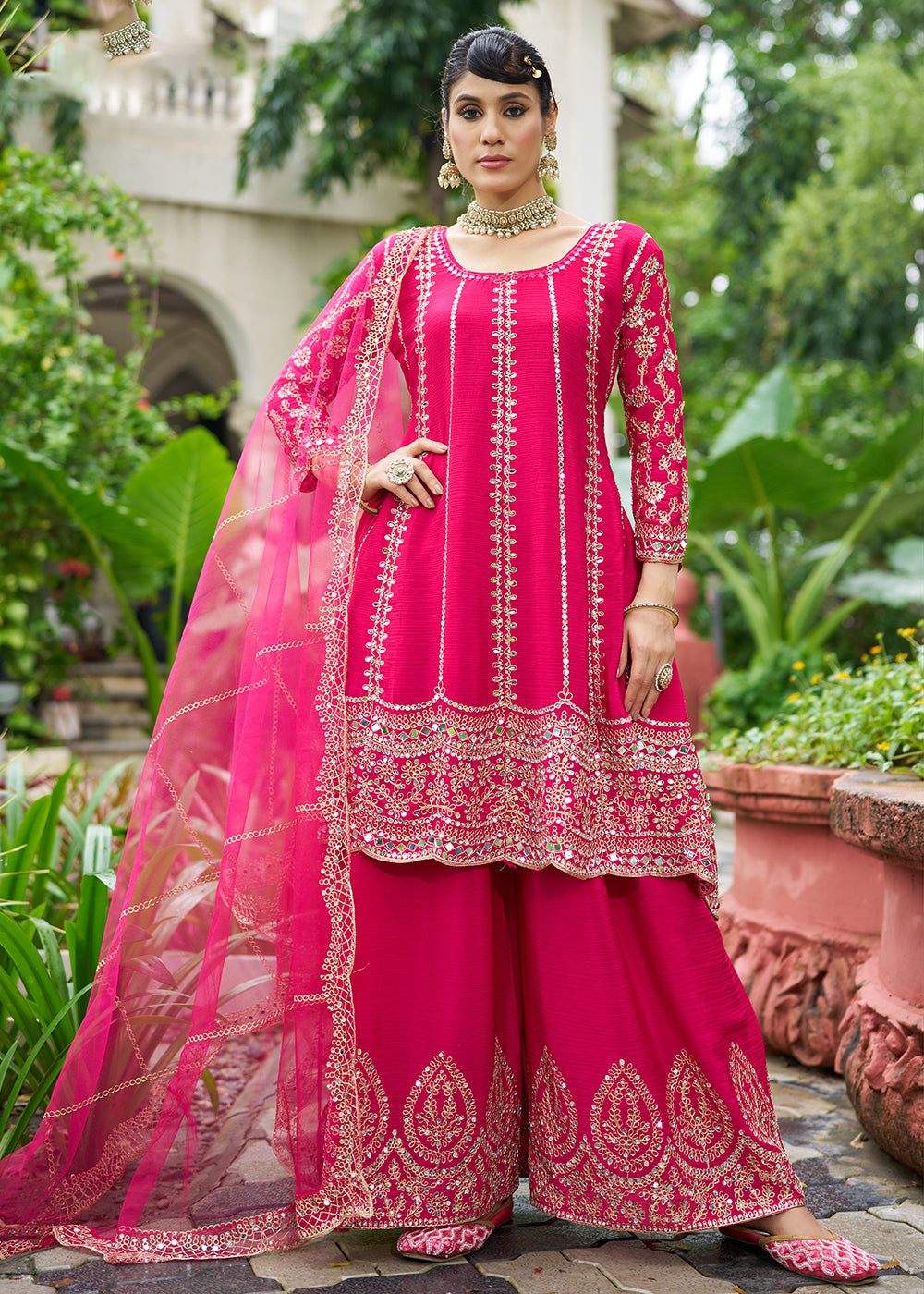 Buy Now Rani Chinnon Mirror Embroidered Palazzo Style Suit Online in New York, Toronto, Newark, Katy, Houston, Fremont, Dubai, California & Worldwide at Empress.