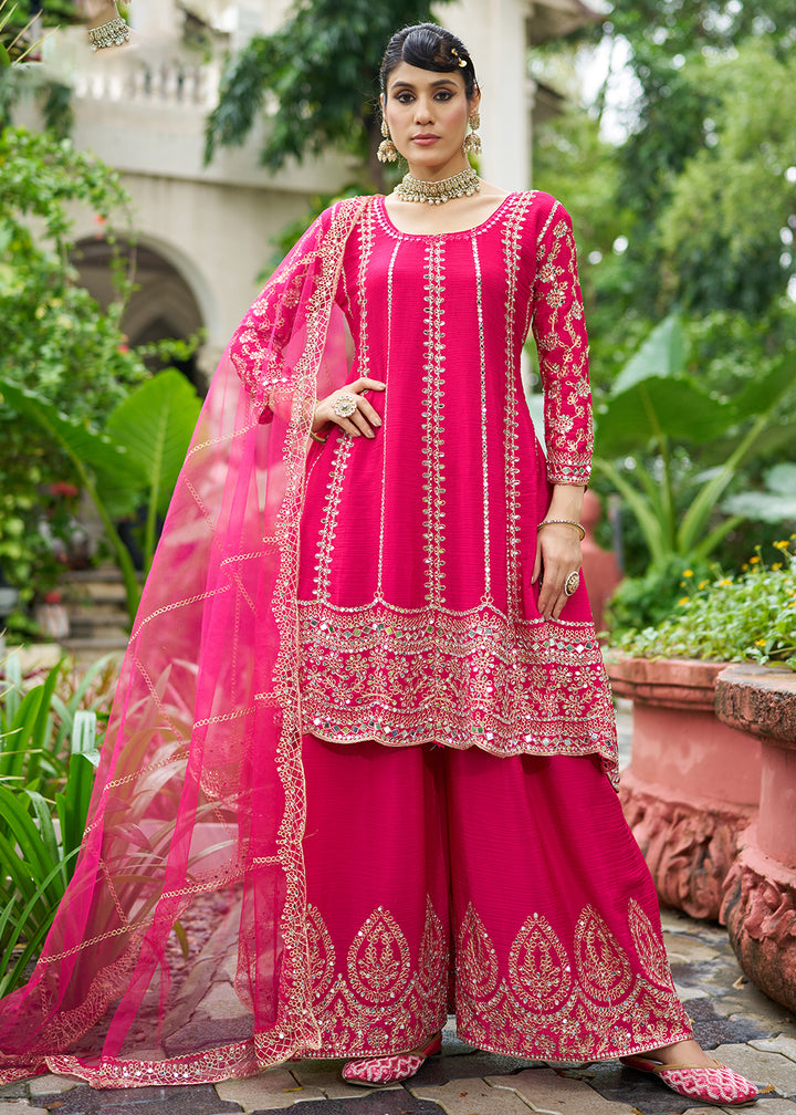 Buy Now Rani Chinnon Mirror Embroidered Palazzo Style Suit Online in New York, Toronto, Newark, Katy, Houston, Fremont, Dubai, California & Worldwide at Empress.