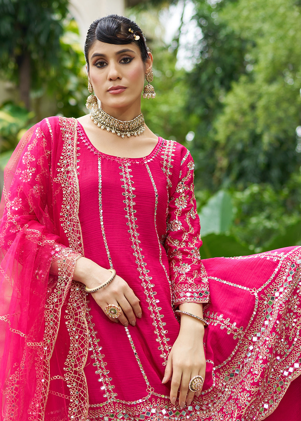 Buy Now Rani Chinnon Mirror Embroidered Palazzo Style Suit Online in New York, Toronto, Newark, Katy, Houston, Fremont, Dubai, California & Worldwide at Empress.