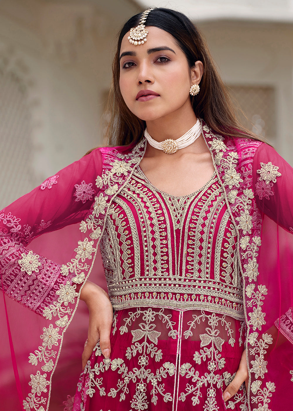 Buy Now Pure Butterfly Net Pink Lehenga & Pant Style Dress Online in US, UK, Canada, France, Italy, Sweden, Ireland, Denmark, Qatar, UAE & Worldwide at Empress.