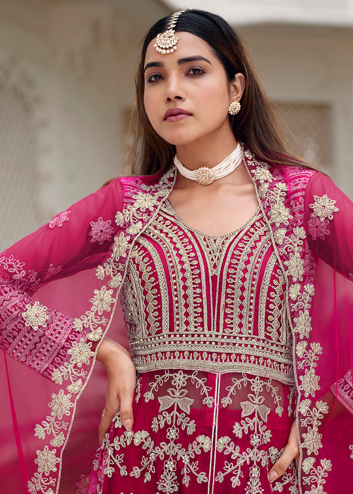 Buy Now Pure Butterfly Net Pink Lehenga & Pant Style Dress Online in US, UK, Canada, France, Italy, Sweden, Ireland, Denmark, Qatar, UAE & Worldwide at Empress.