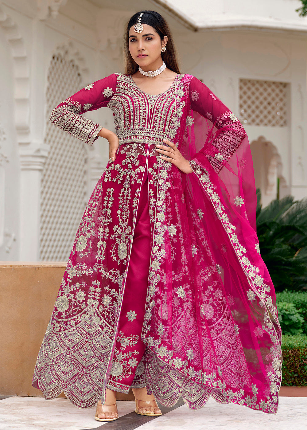 Buy Now Pure Butterfly Net Pink Lehenga & Pant Style Dress Online in US, UK, Canada, France, Italy, Sweden, Ireland, Denmark, Qatar, UAE & Worldwide at Empress.
