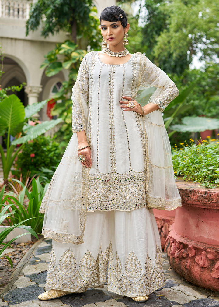 Buy Now White Chinnon Mirror Embroidered Palazzo Style Suit Online in New York, Toronto, Newark, Katy, Houston, Fremont, Dubai, Nevada & Worldwide at Empress.