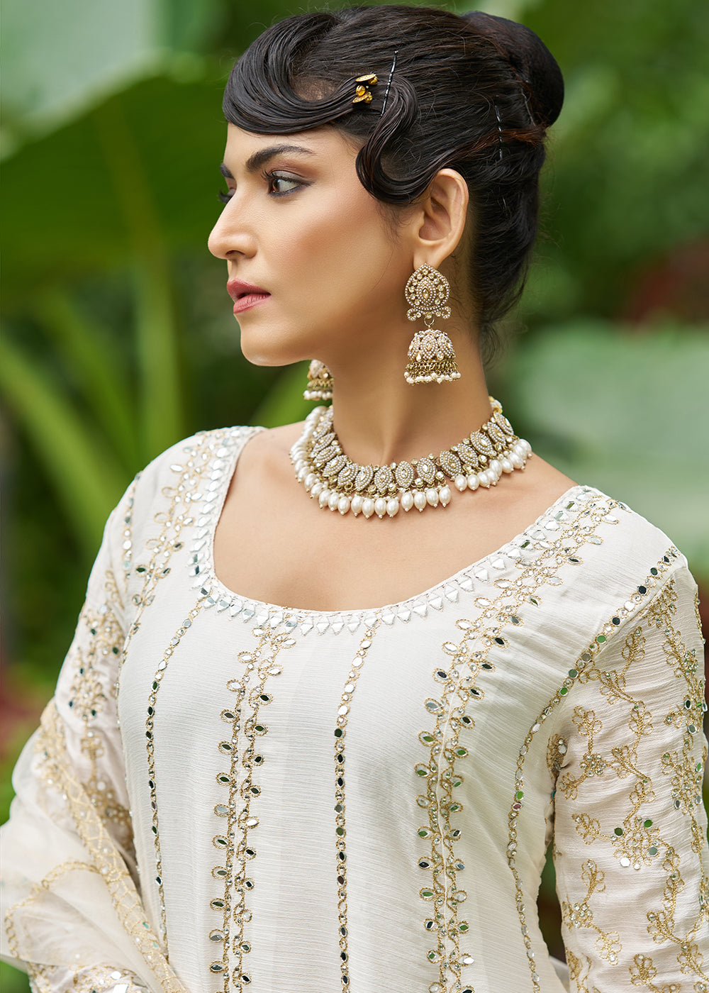 Buy Now White Chinnon Mirror Embroidered Palazzo Style Suit Online in New York, Toronto, Newark, Katy, Houston, Fremont, Dubai, Nevada & Worldwide at Empress.