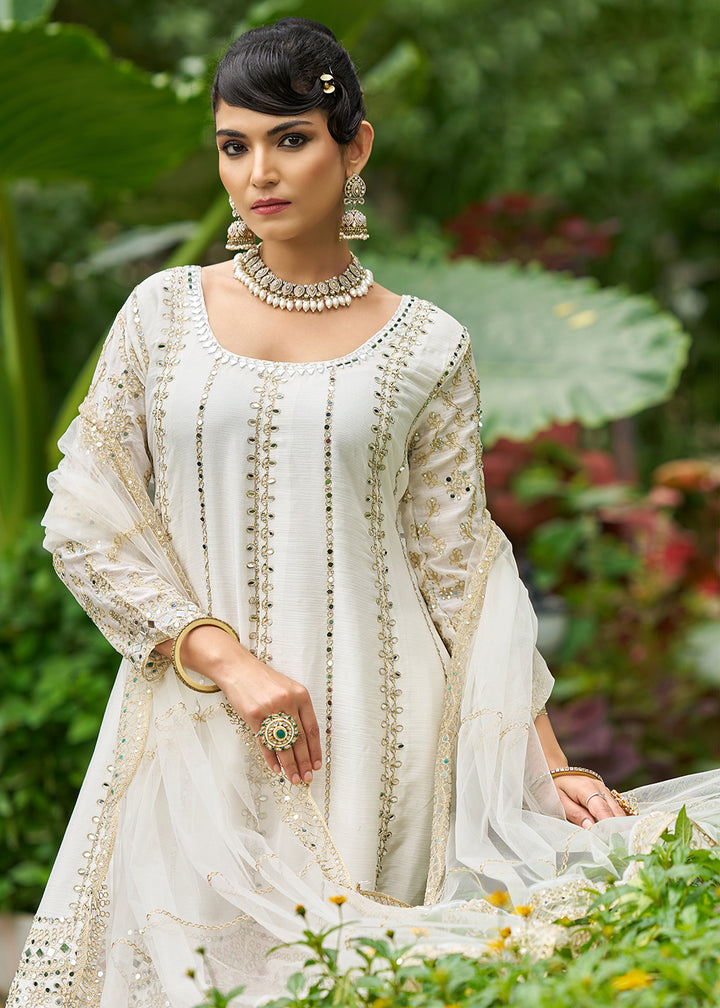 Buy Now White Chinnon Mirror Embroidered Palazzo Style Suit Online in New York, Toronto, Newark, Katy, Houston, Fremont, Dubai, Nevada & Worldwide at Empress.