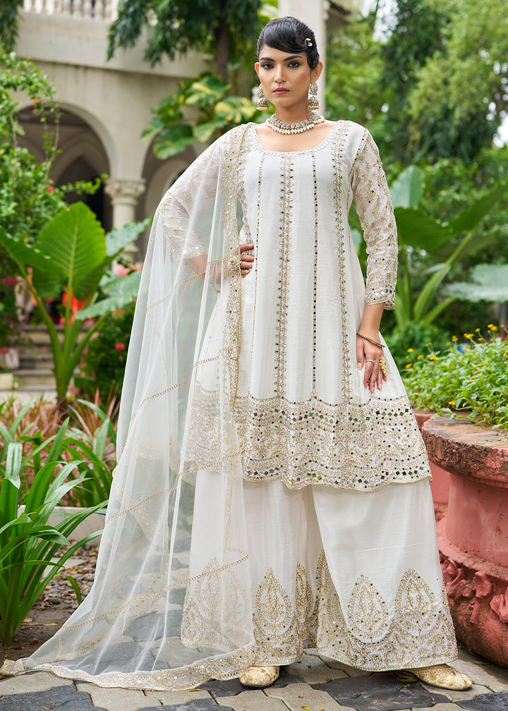 Buy Now White Chinnon Mirror Embroidered Palazzo Style Suit Online in New York, Toronto, Newark, Katy, Houston, Fremont, Dubai, Nevada & Worldwide at Empress.