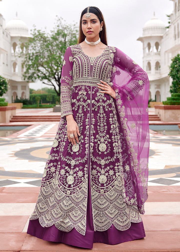 Buy Now Pure Butterfly Net Purple Lehenga & Pant Style Dress Online in US, UK, Canada, France, Italy, Sweden, Ireland, Denmark, Qatar & Worldwide at Empress.