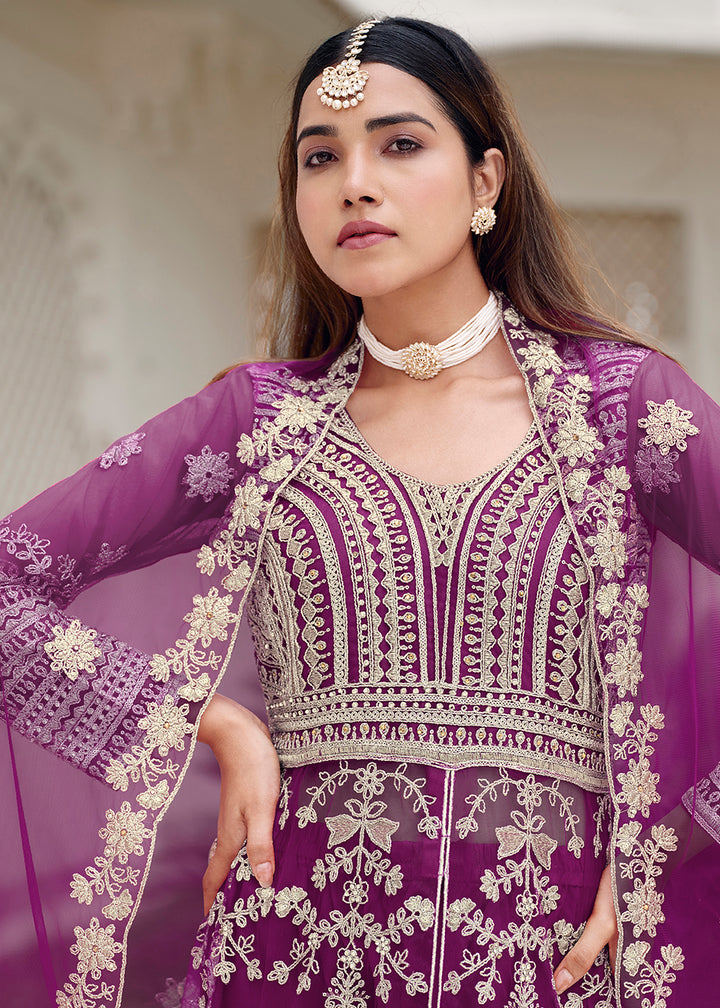 Buy Now Pure Butterfly Net Purple Lehenga & Pant Style Dress Online in US, UK, Canada, France, Italy, Sweden, Ireland, Denmark, Qatar & Worldwide at Empress.