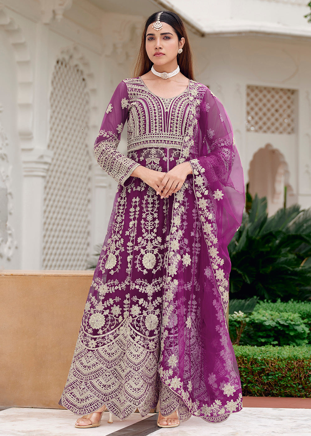 Buy Now Pure Butterfly Net Purple Lehenga & Pant Style Dress Online in US, UK, Canada, France, Italy, Sweden, Ireland, Denmark, Qatar & Worldwide at Empress.