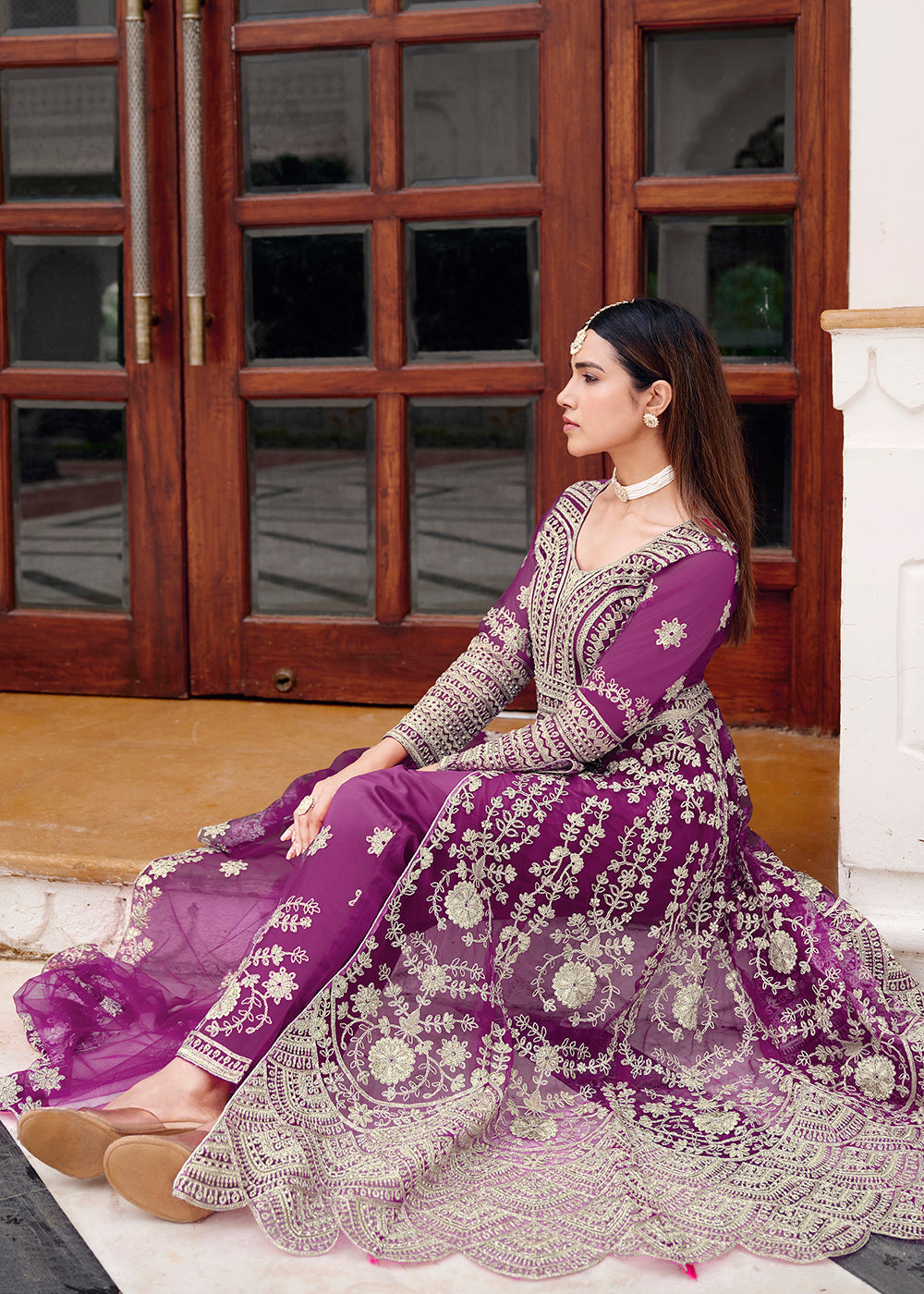 Buy Now Pure Butterfly Net Purple Lehenga & Pant Style Dress Online in US, UK, Canada, France, Italy, Sweden, Ireland, Denmark, Qatar & Worldwide at Empress.