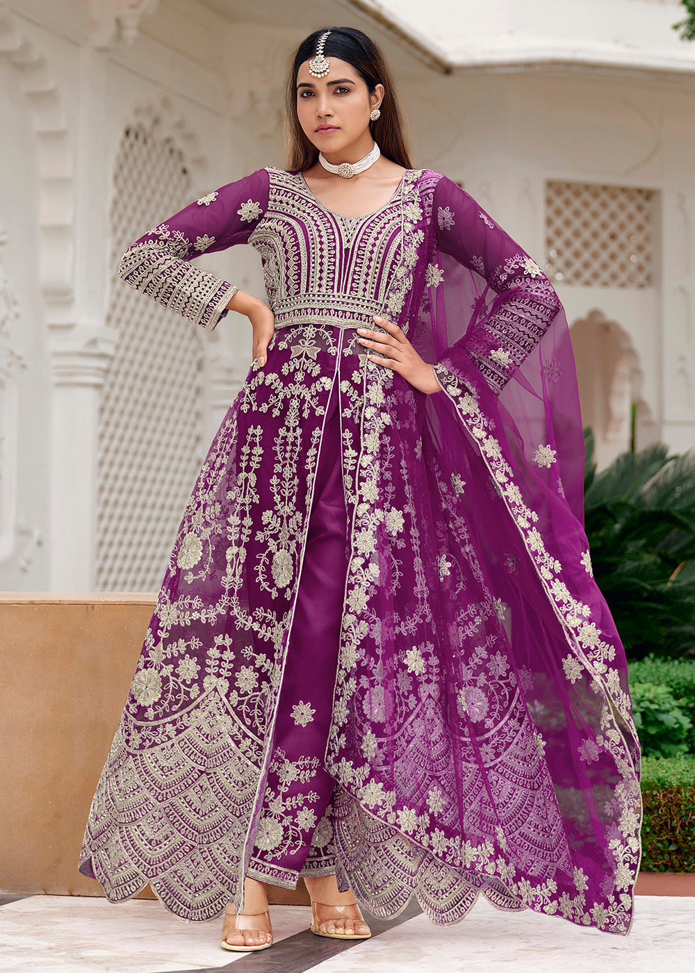 Buy Now Pure Butterfly Net Purple Lehenga & Pant Style Dress Online in US, UK, Canada, France, Italy, Sweden, Ireland, Denmark, Qatar & Worldwide at Empress.