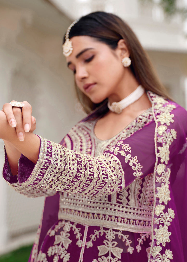Buy Now Pure Butterfly Net Purple Lehenga & Pant Style Dress Online in US, UK, Canada, France, Italy, Sweden, Ireland, Denmark, Qatar & Worldwide at Empress.