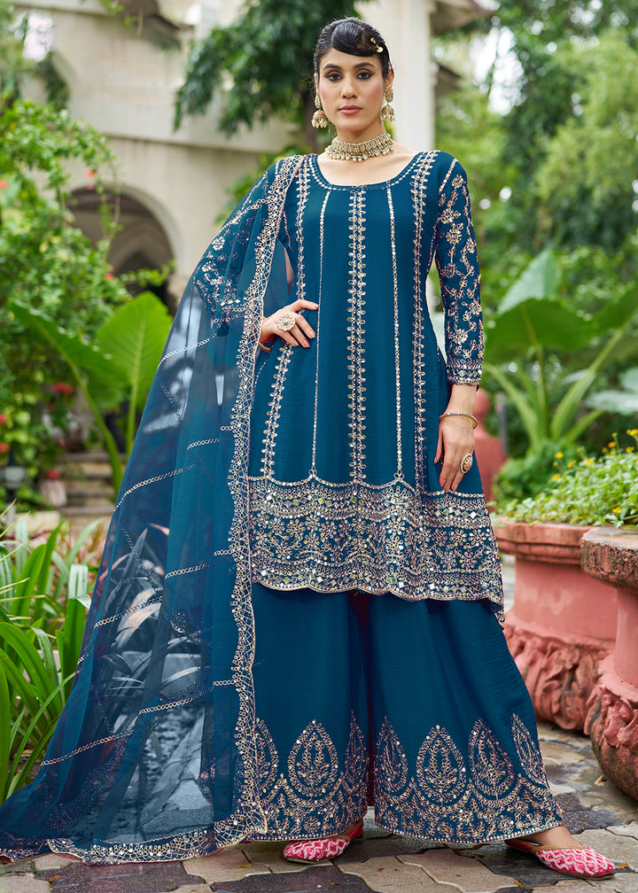 Buy Now Teal Chinnon Mirror Embroidered Palazzo Style Suit Online in New York, Toronto, Newark, Katy, Houston, Fremont, Dubai, Nevada & Worldwide at Empress.