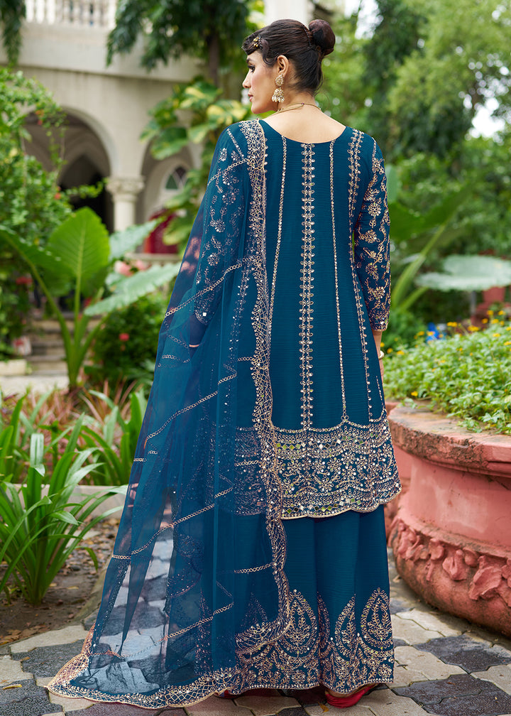 Buy Now Teal Chinnon Mirror Embroidered Palazzo Style Suit Online in New York, Toronto, Newark, Katy, Houston, Fremont, Dubai, Nevada & Worldwide at Empress.