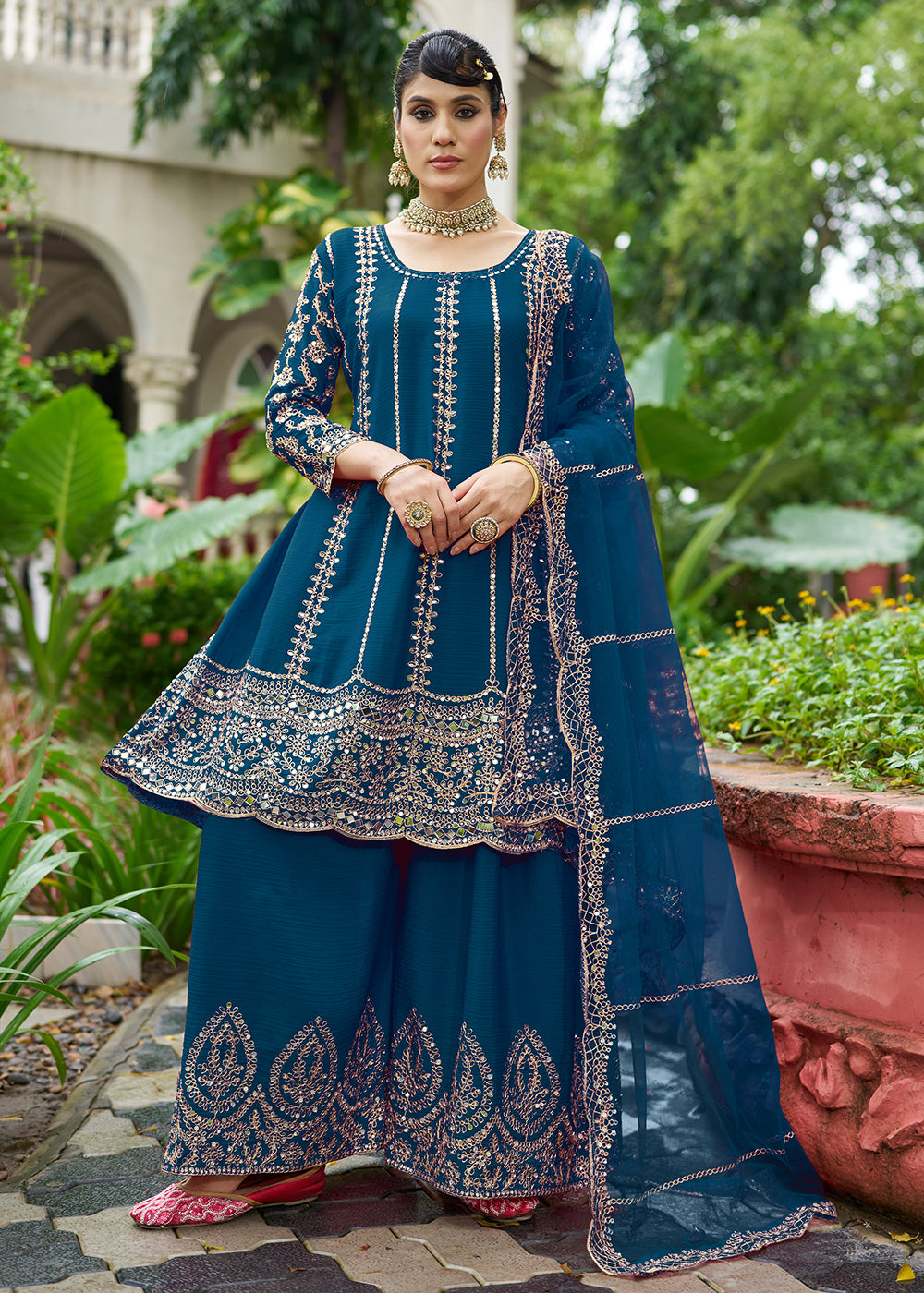 Buy Now Teal Chinnon Mirror Embroidered Palazzo Style Suit Online in New York, Toronto, Newark, Katy, Houston, Fremont, Dubai, Nevada & Worldwide at Empress.