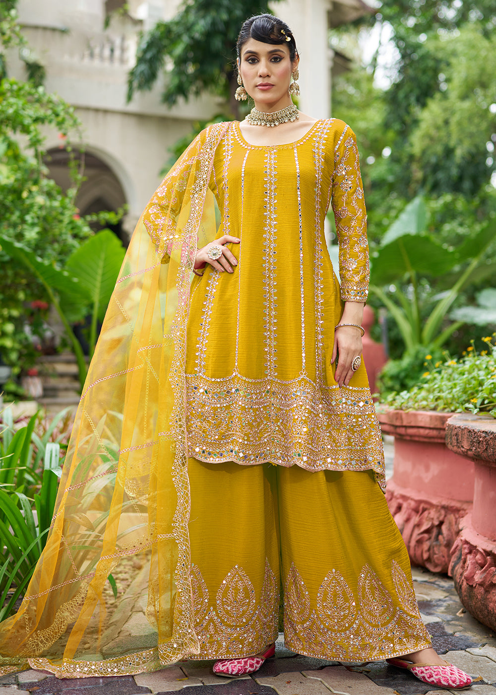 Buy Now Mustard Chinnon Mirror Embroidered Palazzo Style Suit Online in New York, Toronto, Newark, Katy, Houston, Fremont, Dubai, Nevada & Worldwide at Empress.