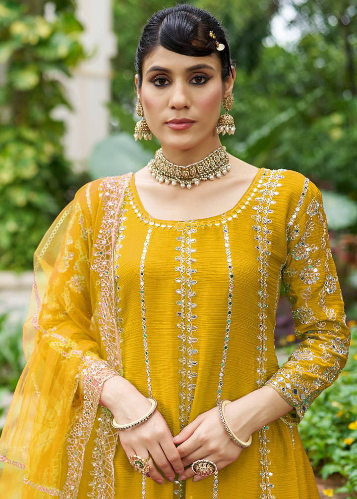 Buy Now Mustard Chinnon Mirror Embroidered Palazzo Style Suit Online in New York, Toronto, Newark, Katy, Houston, Fremont, Dubai, Nevada & Worldwide at Empress.