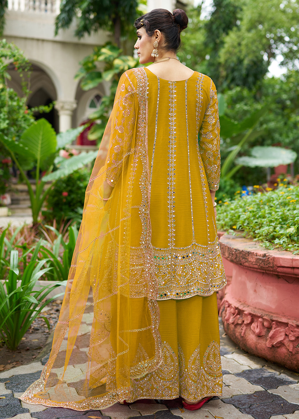 Buy Now Mustard Chinnon Mirror Embroidered Palazzo Style Suit Online in New York, Toronto, Newark, Katy, Houston, Fremont, Dubai, Nevada & Worldwide at Empress.