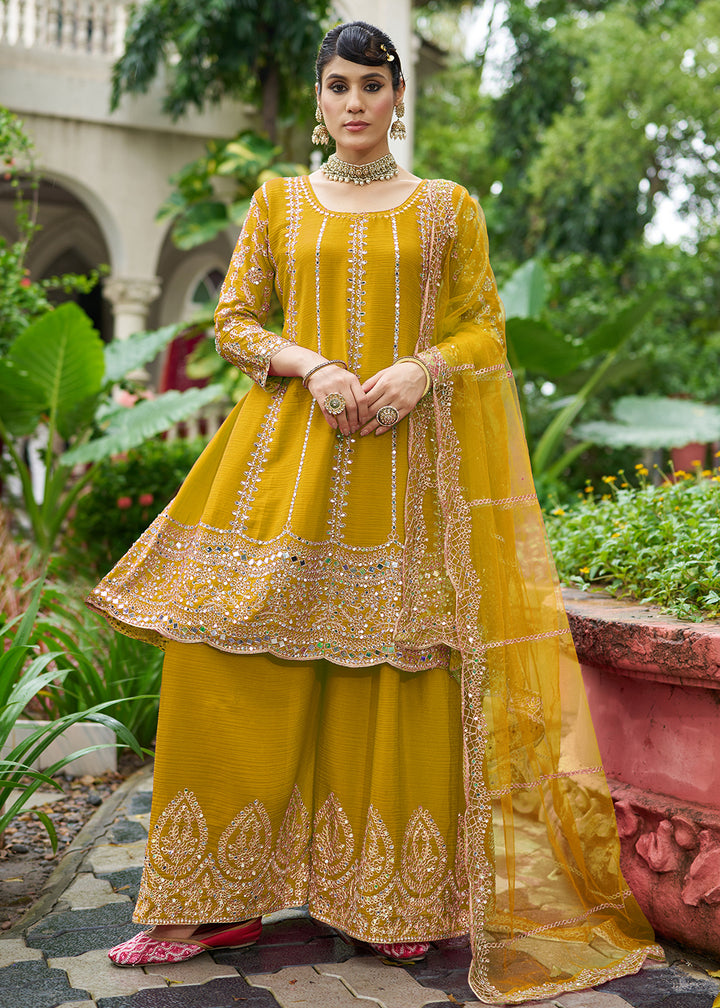 Buy Now Mustard Chinnon Mirror Embroidered Palazzo Style Suit Online in New York, Toronto, Newark, Katy, Houston, Fremont, Dubai, Nevada & Worldwide at Empress.