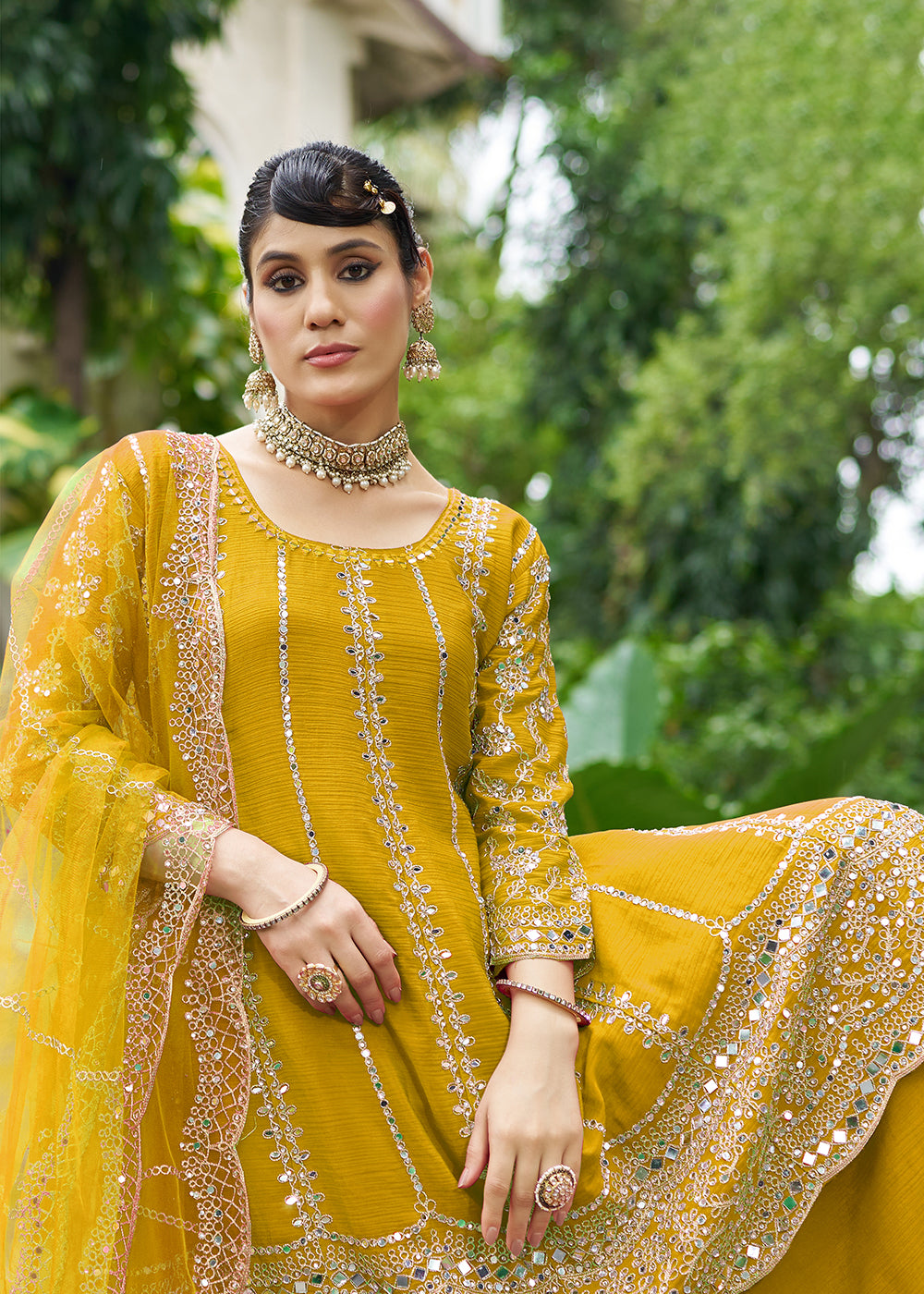 Buy Now Mustard Chinnon Mirror Embroidered Palazzo Style Suit Online in New York, Toronto, Newark, Katy, Houston, Fremont, Dubai, Nevada & Worldwide at Empress.